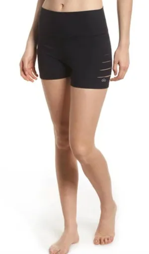 Alo Yoga Ripped High Waist Warrior Bike Shorts in Black thumbnail 1