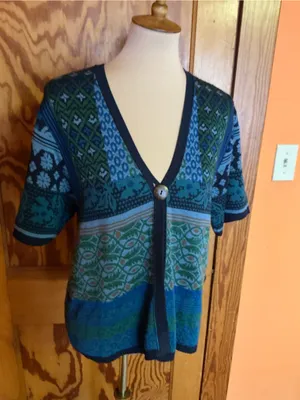 Coldwater Creek USA Mixed Pattern Cardigan Blue Green Rayon Knit Boho Sweater thumbnail 7