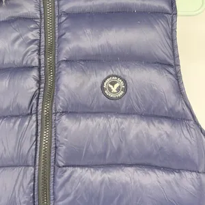 American Eagle Navy Blue‎ Down Puffer Vest Faux Fur Hood Sherpa Lined Large Y2K thumbnail 3
