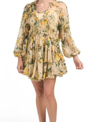 O.P.T Womens Green Yellow Floral Angelique Ruffle Mini Babydoll Dress Small thumbnail 1
