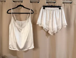 Silky Lace Trim White Cami and Shorts Sleep Set thumbnail 1