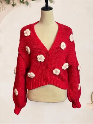 Red V-Neck Floral Appliqué Knit Cardigan Sweater thumbnail 2