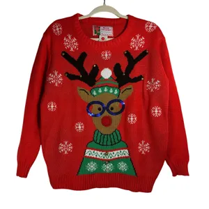 Merry Christmas Reindeer‎ Ugly Christmas Sweater Red Sequin Glasses Bells S/M thumbnail 1
