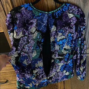 Black Tie Oleg Cassini sequin beaded blouse top VTG‎ teal sparkle cocktail Large thumbnail 5