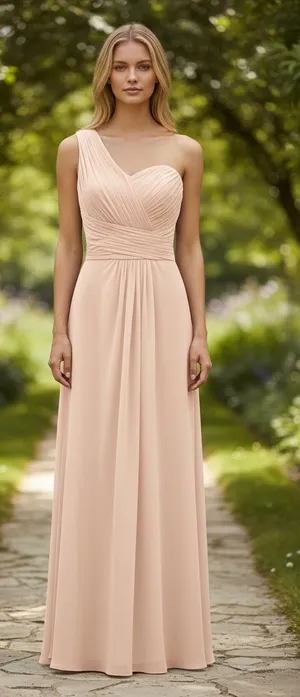 Bill Levkoff One-Shoulder Pleated Chiffon Maxi Dress in Blush Pink – Size 8 thumbnail 1