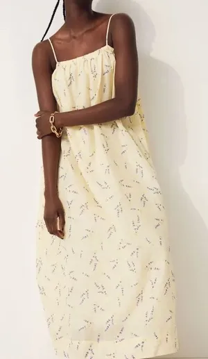 H&M Wildflower Linen Blend Sleeveless Square Neck Maxi Dress Butter Yellow M thumbnail 1
