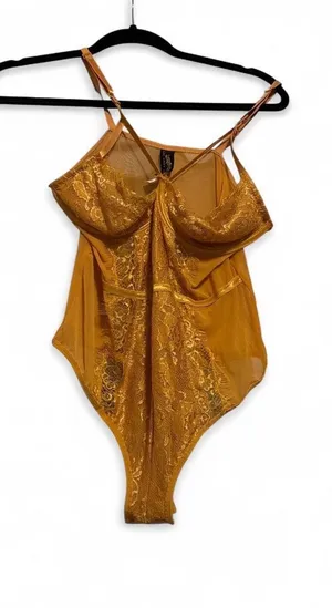 Sheer Lace Chemise Bodysuit in Golden Mustard size L thumbnail 1