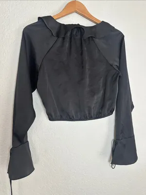 Wilfred Spartina Satin Blouse Black Ruffle Crop Top Date Night Pirate Aritzia thumbnail 7