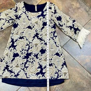 Entro Women’s Paisley Crewneck Long Sleeve Fringe Dress Small thumbnail 8