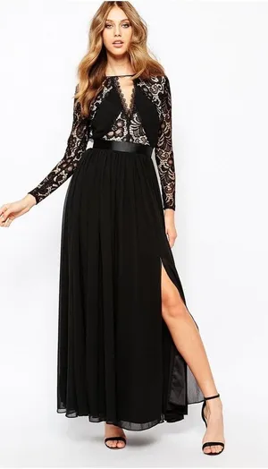 Fame and Partners Geo Heartline Lace Panel Long Sleeve Maxi Dress Black Size 2 thumbnail 1