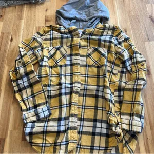No Boundaries Yellow Plaid Flannel Hoodie Shirt M (7–9) thumbnail 1