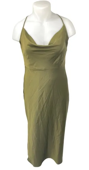 Taylor Olive Green Silky Satin Sleeveless Cami Cowl Neck Tank Slip Dress Size 16 thumbnail 1