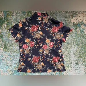 Vintage Asian inspired floral button front blouse, size medium Blue thumbnail 7