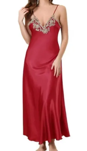 Elegant Vintage Red Satin Maxi Slip Dress Lace Trim Sleepwear Women’s Sz S EUC thumbnail 1