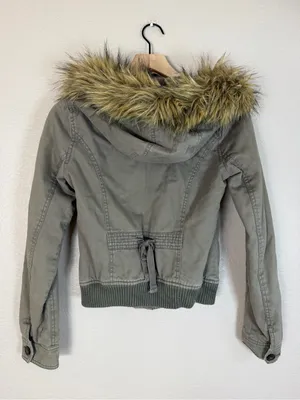 Y2K Hollister Bella Swan Olive Green Fur Trim Hooded Jacket Grail size Small thumbnail 7