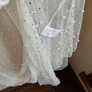 Women Sexy Sheer Mesh Pearls Beaded Cami Wedding Pearl Rhinestone Dress thumbnail 5