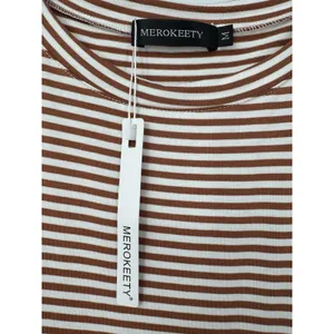 MEROKEETY Striped Sheath T-Shirt Dress M • Brown White • Tie Waist • Summer • NW thumbnail 5