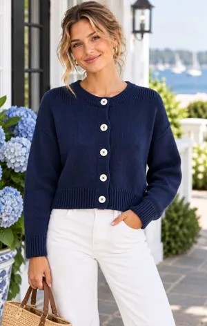 CAROLINE CONSTAS Navy Blue Cotton Cropped Cardigan Sweater Quiet Luxury Medium thumbnail 1