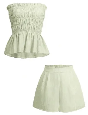 SheIn Women's Summer Beach Vacation 2 Piece Set - Striped Ruffled Bandeau Top And Shorts thumbnail 2