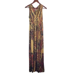 One World Women Maxi Dress S Yellow Batik Print Hippie Retro Boho‎ Jersey Resort thumbnail 2