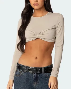 Edikted Beige Long Sleeve Crop Top thumbnail 1