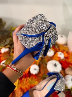 Betsey Johnson Royal Blue Satin Pointed Toe Heels with Crystal Bow thumbnail 8