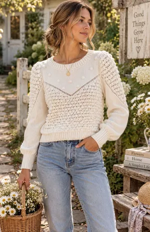 Lucky Brand Ivory Textured Open Knit Dot Sweater Size Small thumbnail 1