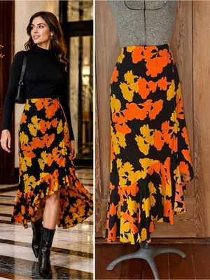 NWT Topshop Floral Asymmetrical Faux Wrap Midi Skirt Black Orange Size 10 💛🍄 thumbnail 2