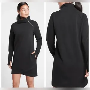 Athleta Women Cozy Karma Asym Sweatshirt Dress Black Thumbholes Warm Soft S thumbnail 2
