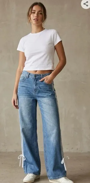 High-Rise Wide Leg Jeans with Side Ties - Light Blue Denim 765 thumbnail 1
