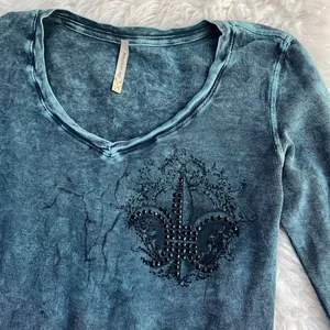 American Age Blue Green Long Sleeve Henley Top Fleur De Lis Y2k Grunge Fairy Alt thumbnail 6