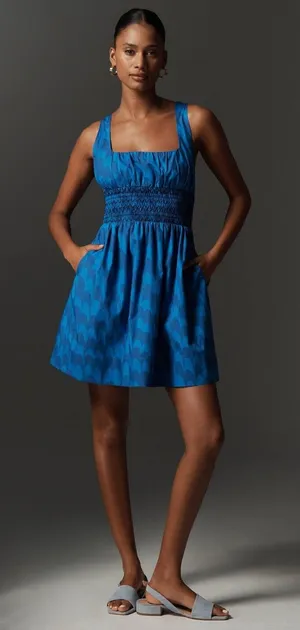 Anthropologie Maeve Blue Smocked Square Neck Mini Dress Size M thumbnail 1