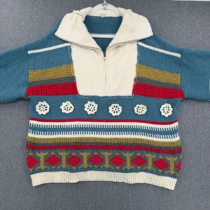 POL Oversized Colorblock Striped Chunky Quarter Zip Sweater Boho Crochet Flower thumbnail 3