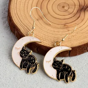 The Moon Exquisite Enamel Black Cat Design Dangle Earrings thumbnail 3