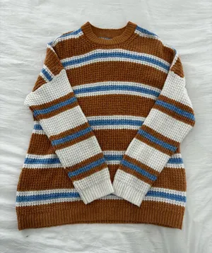 American Eagle Outfitters Brown, White & Blue Striped Waffle Crewneck Sweater thumbnail 1