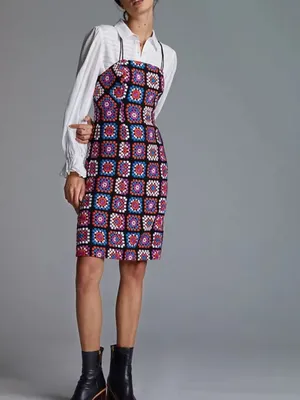 Anthropologie Granny Square Black Multi Crochet-Pattern Midi Dress Embroidered thumbnail 4