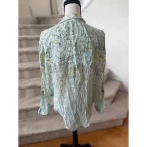 Free People Light Blue & Green Leaf Print Gauze Tie Waist Button Down Shirt thumbnail 5