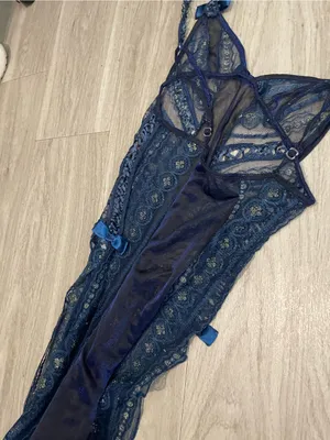 Sheer Navy Lace Maxi Chemise with Bow Accents thumbnail 3