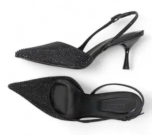 Black Crystal Slingback Kitten Heel Pointed Toe Dainty Glam Minimalist, sz 6 NEW thumbnail 1