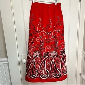 Red Embroidered Paisley Boho Maxi Skirt Small Peasant Maximalist thumbnail 3