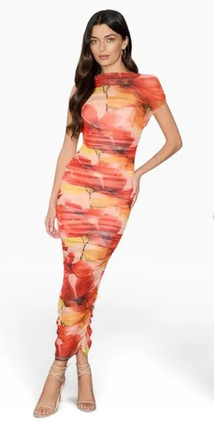 Lulus Sunama Orange Floral Mesh Ruched Bodycon Midi Dress size L NWT thumbnail 1