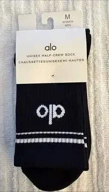 ALO Yoga Black Crew Socks with White Logo & Stripes - Size M thumbnail 1