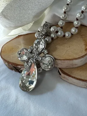 Crystal cross necklace on fashion pearl chain thumbnail 8