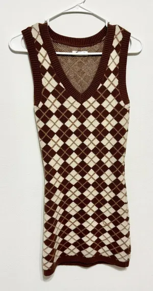 Hollister Dress‎ Women Size XS Brown Plaid Sleeveless Cotton Knit Sweater Mini thumbnail 1