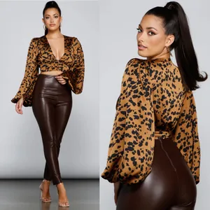 Windsor Chic Look Leopard Print Satin Puff Sleeve Crop Top Medium New NWT thumbnail 2