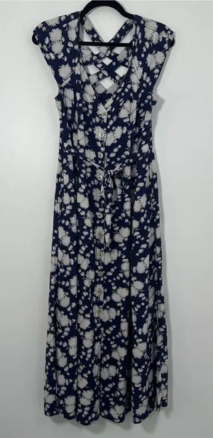 Maeve by Anthropologie Navy Blue White Floral Button Front Maxi Dress Size 4 thumbnail 1