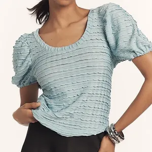 Anthropologie Light Blue Textured Puff Sleeve Scoop Neck Blouse Top Sz XS thumbnail 1