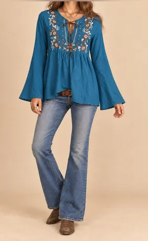 NWOT Vintage Angie Teal Embroidered Boho Tunic Top Medium thumbnail 1