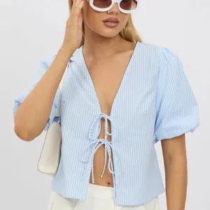 Sky Blue Gingham Puff Sleeve Tie-Front Blouse thumbnail 2