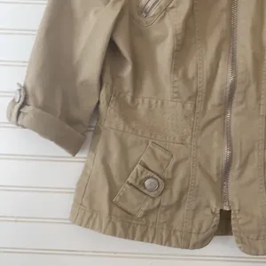 DKNY Jeans Jacket Small Khaki‎ Tan Utility Zip Up Multi Pocket 3/4 Sleeve thumbnail 4